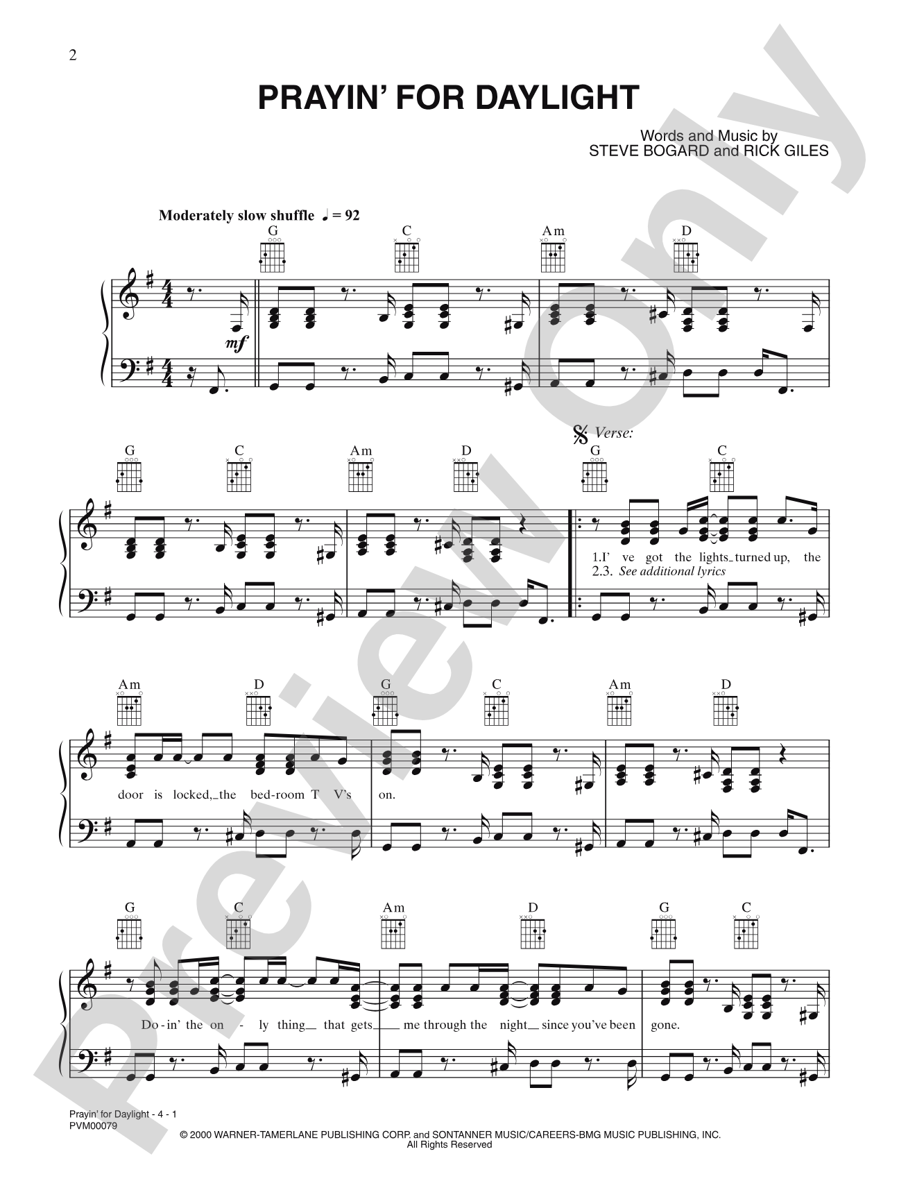 Prayin' for Daylight: Piano/Vocal/Chords