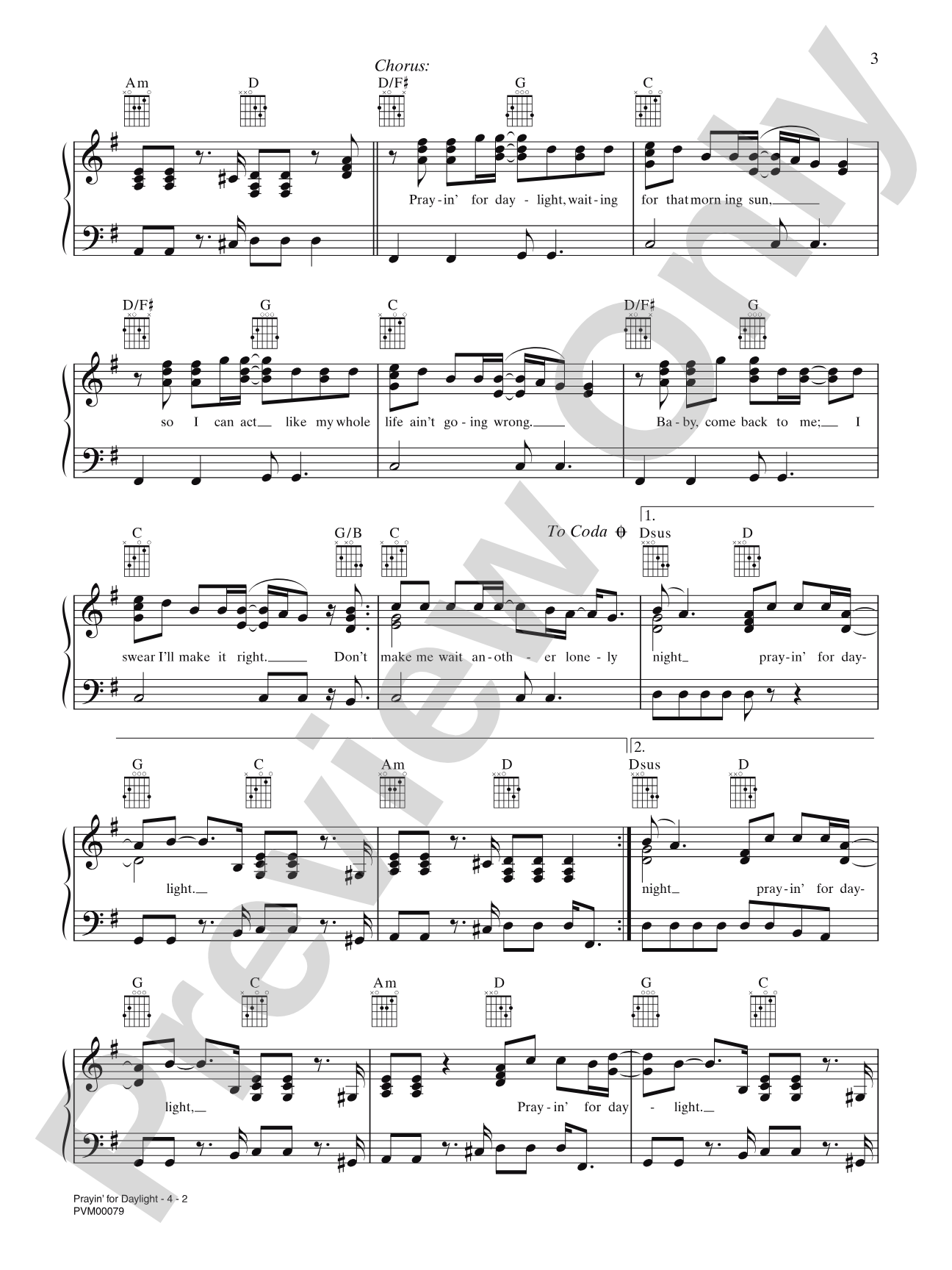 Prayin' for Daylight: Piano/Vocal/Chords