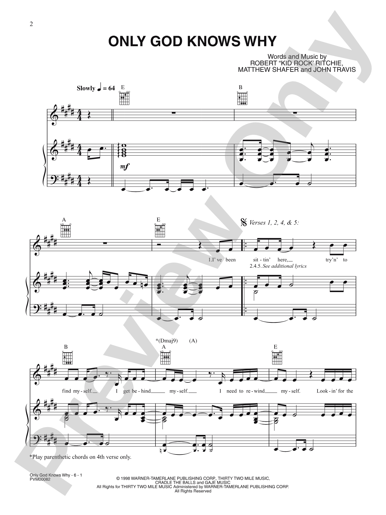 Only God Knows Why: Piano/Vocal/Chords