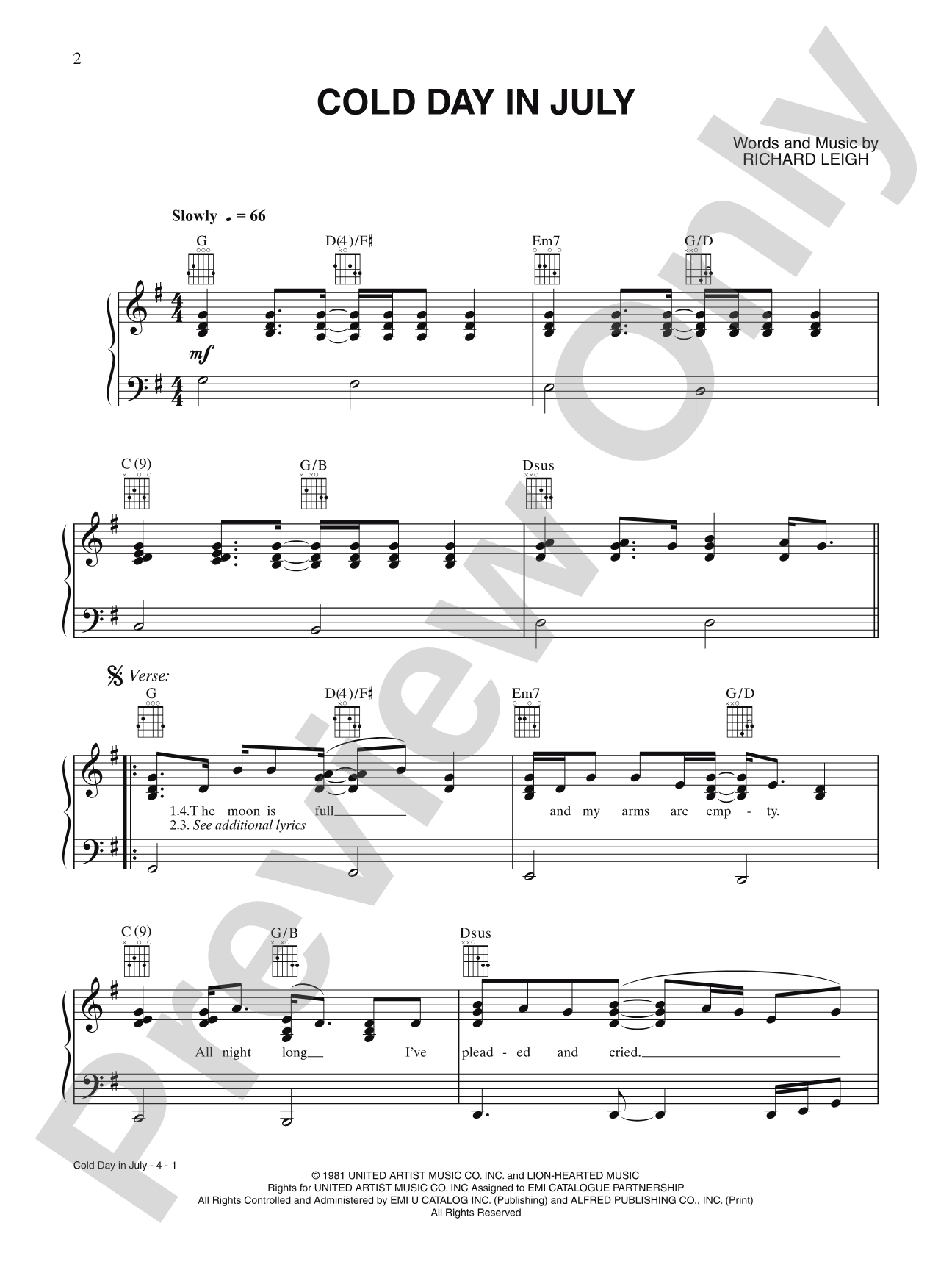 Cold Day in July: Piano/Vocal/Chords