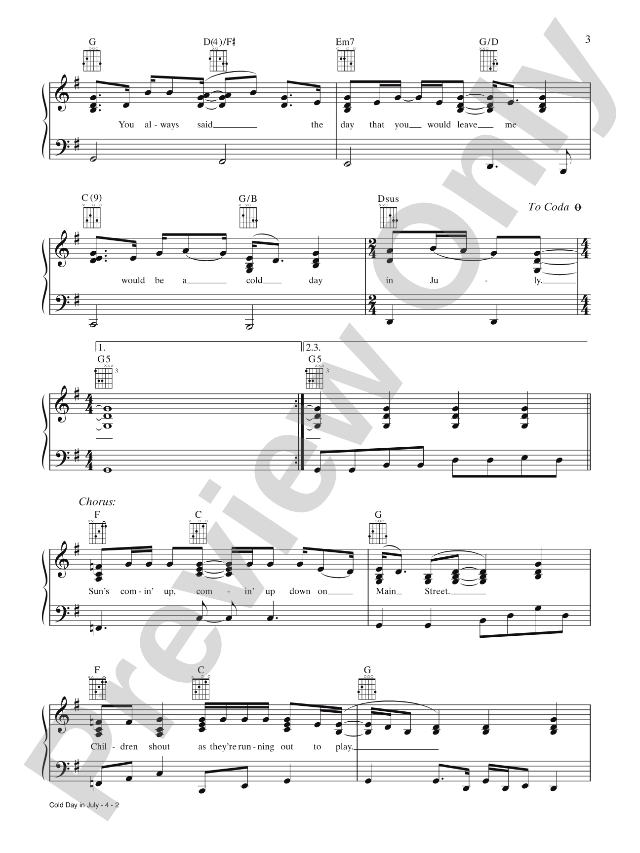 Cold Day in July: Piano/Vocal/Chords