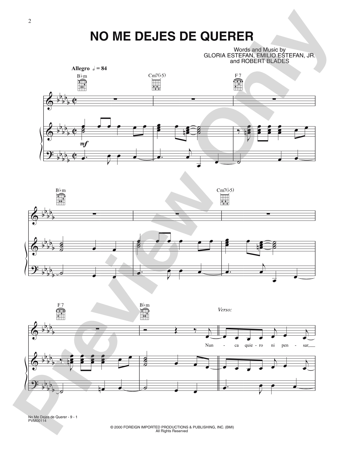 No Me Dejes de Querer: Piano/Vocal/Chords