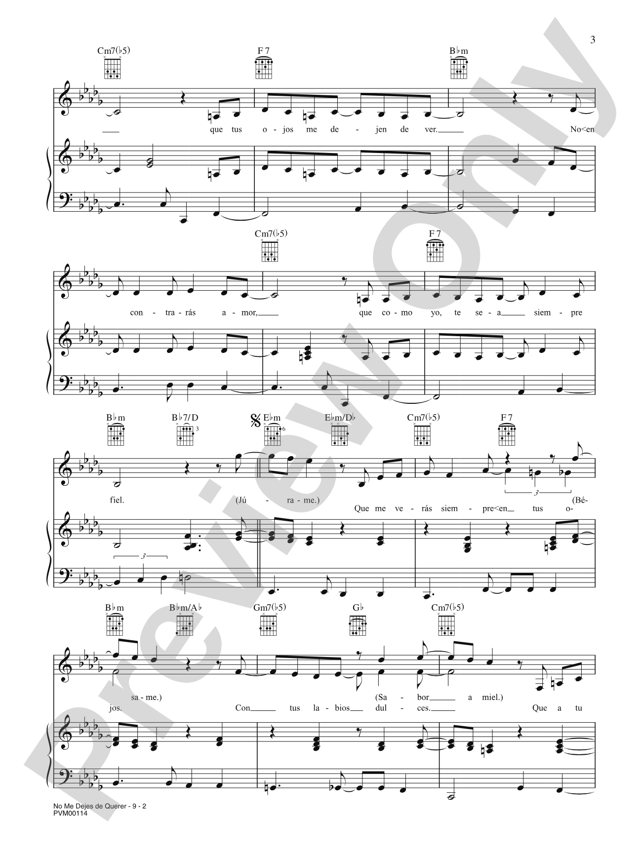 No Me Dejes de Querer: Piano/Vocal/Chords