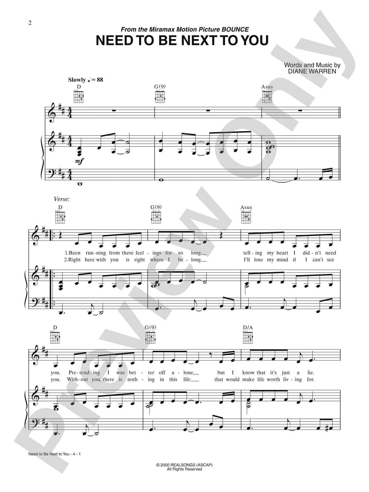 Need to Be Next to You (from Bounce): Piano/Vocal/Chords
