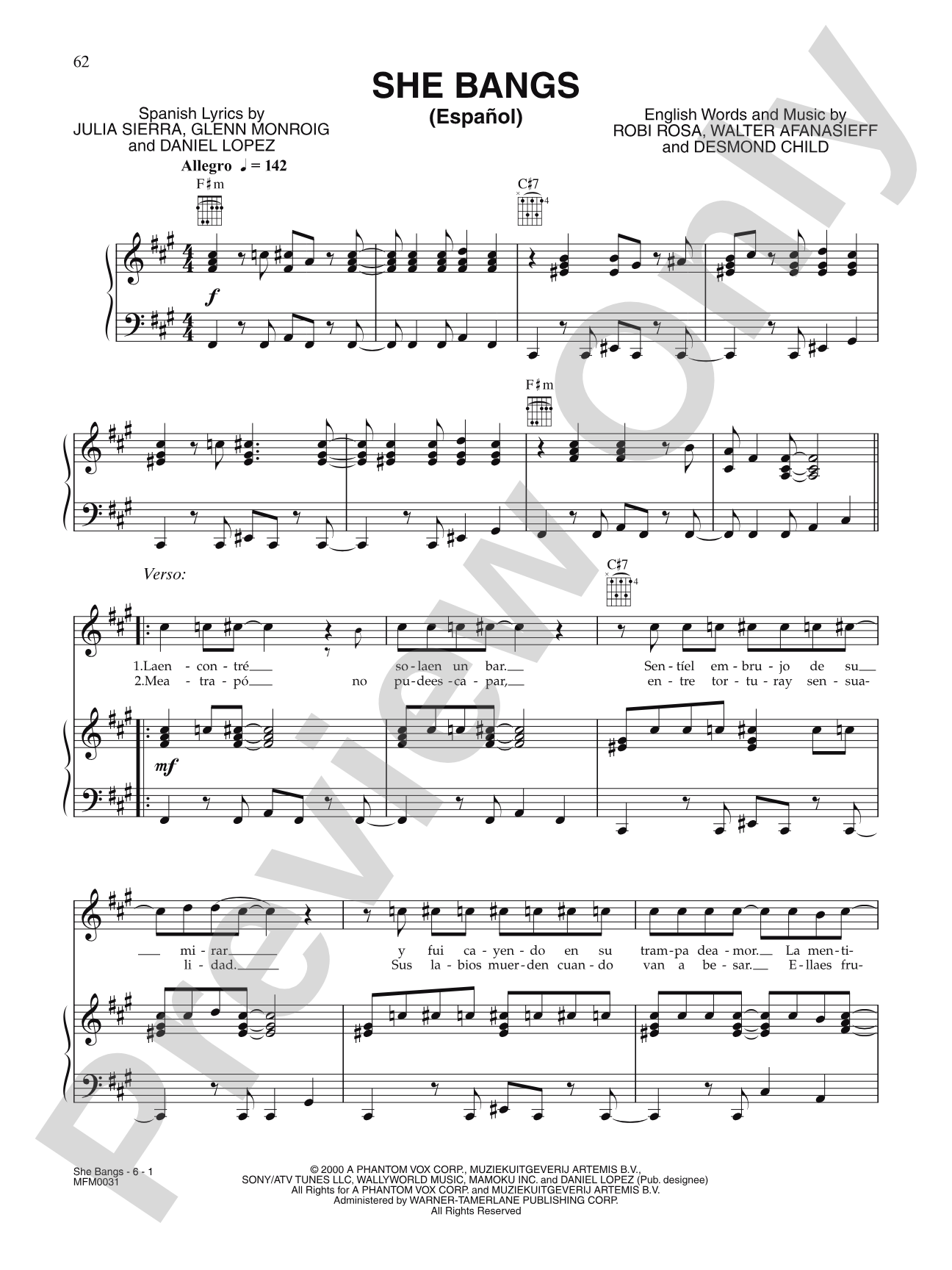 She Bangs: Piano/Vocal/Chords