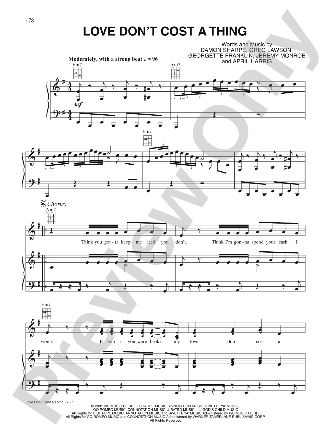 Love Don't Cost a Thing: Piano/Vocal/Chords