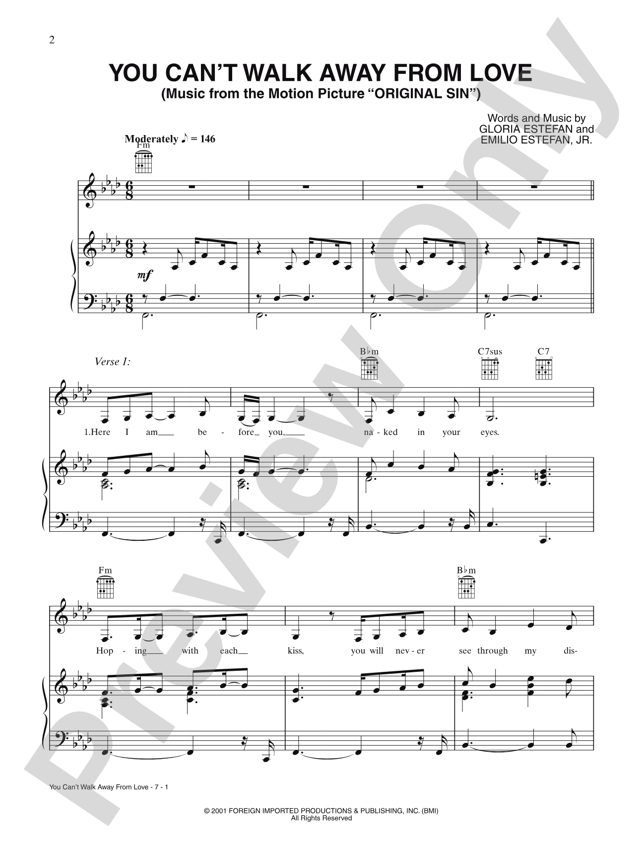 You Can't Walk Away from Love (from Original Sin): Piano/Vocal/Chords