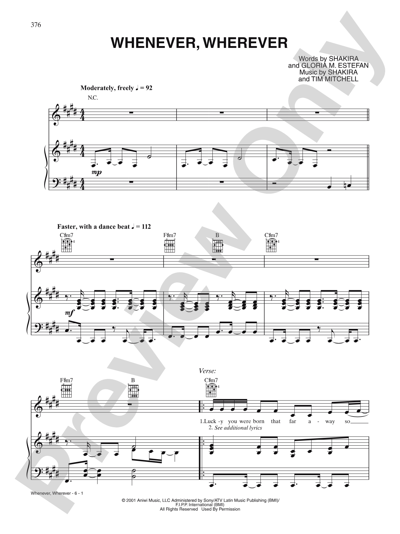 Whenever, Wherever: Piano/Vocal/Chords