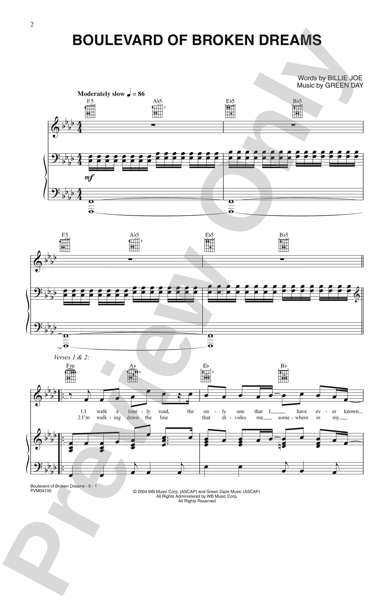 Boulevard of Broken Dreams: Piano/Vocal/Chords