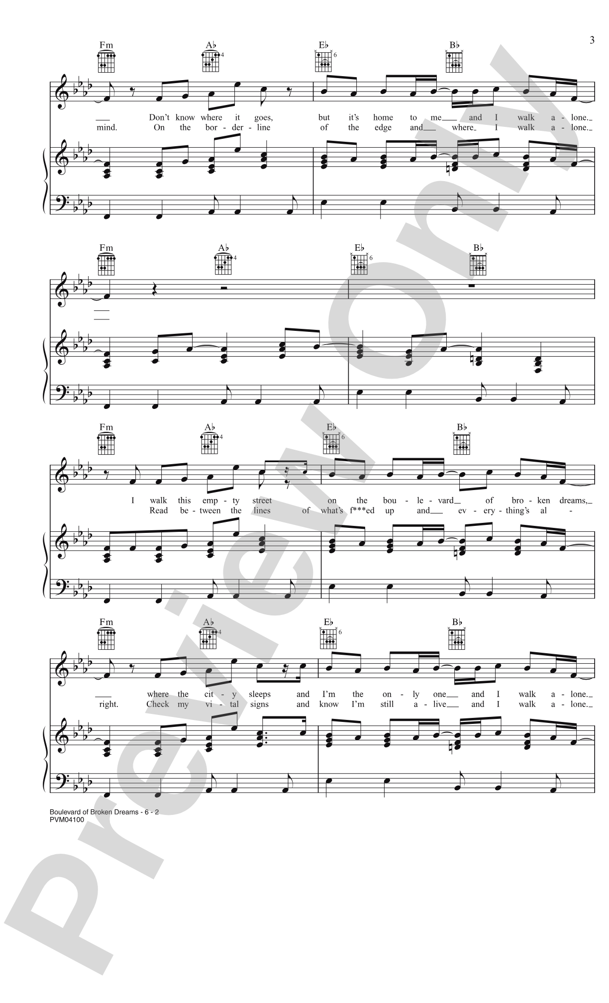 Boulevard of Broken Dreams: Piano/Vocal/Chords