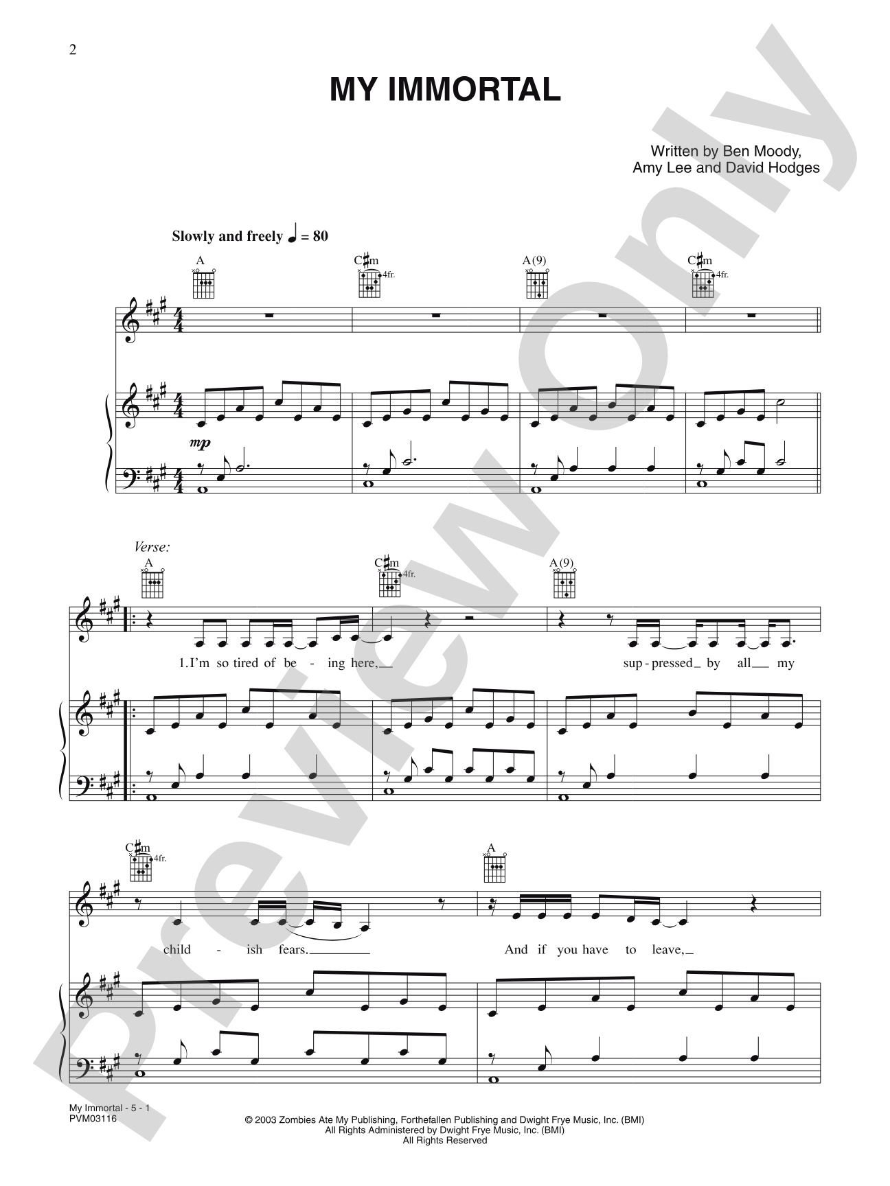 My Immortal: Piano/Vocal/Chords