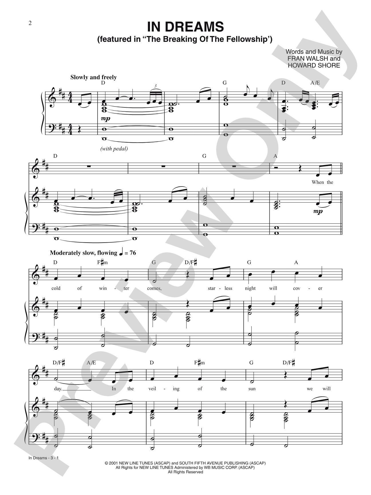 In Dreams (from The Lord of the Rings: The Fellowship of the Ring) (featured in "The Breaking of the Fellowship"): Piano/Vocal/Chords