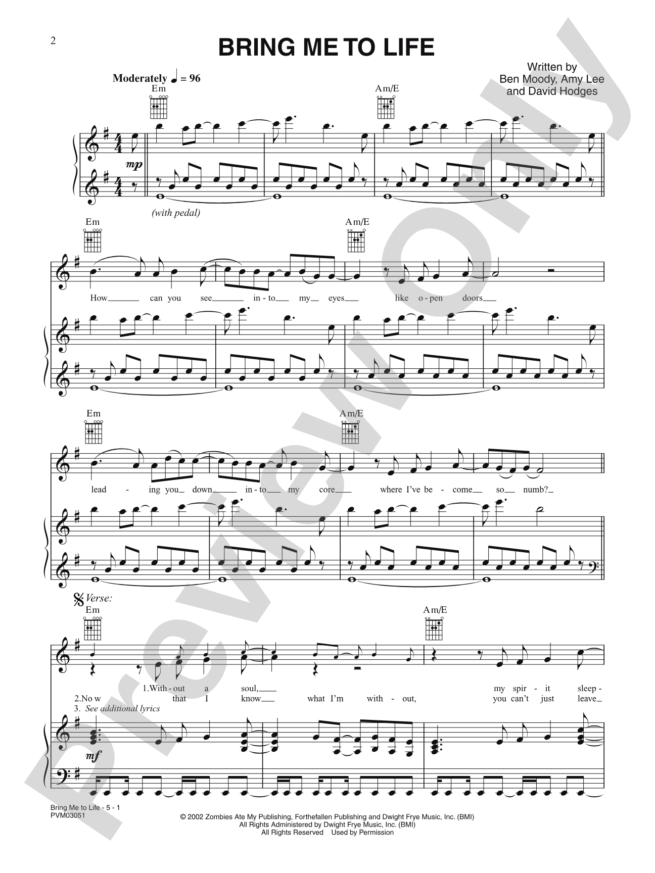 Bring Me to Life: Piano/Vocal/Chords