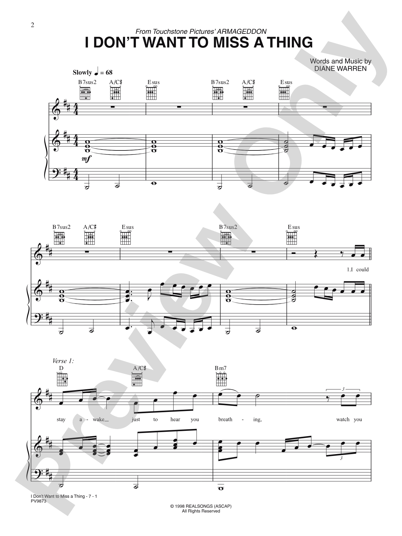 I Don't Want to Miss a Thing (from Armageddon): Piano/Vocal/Chords