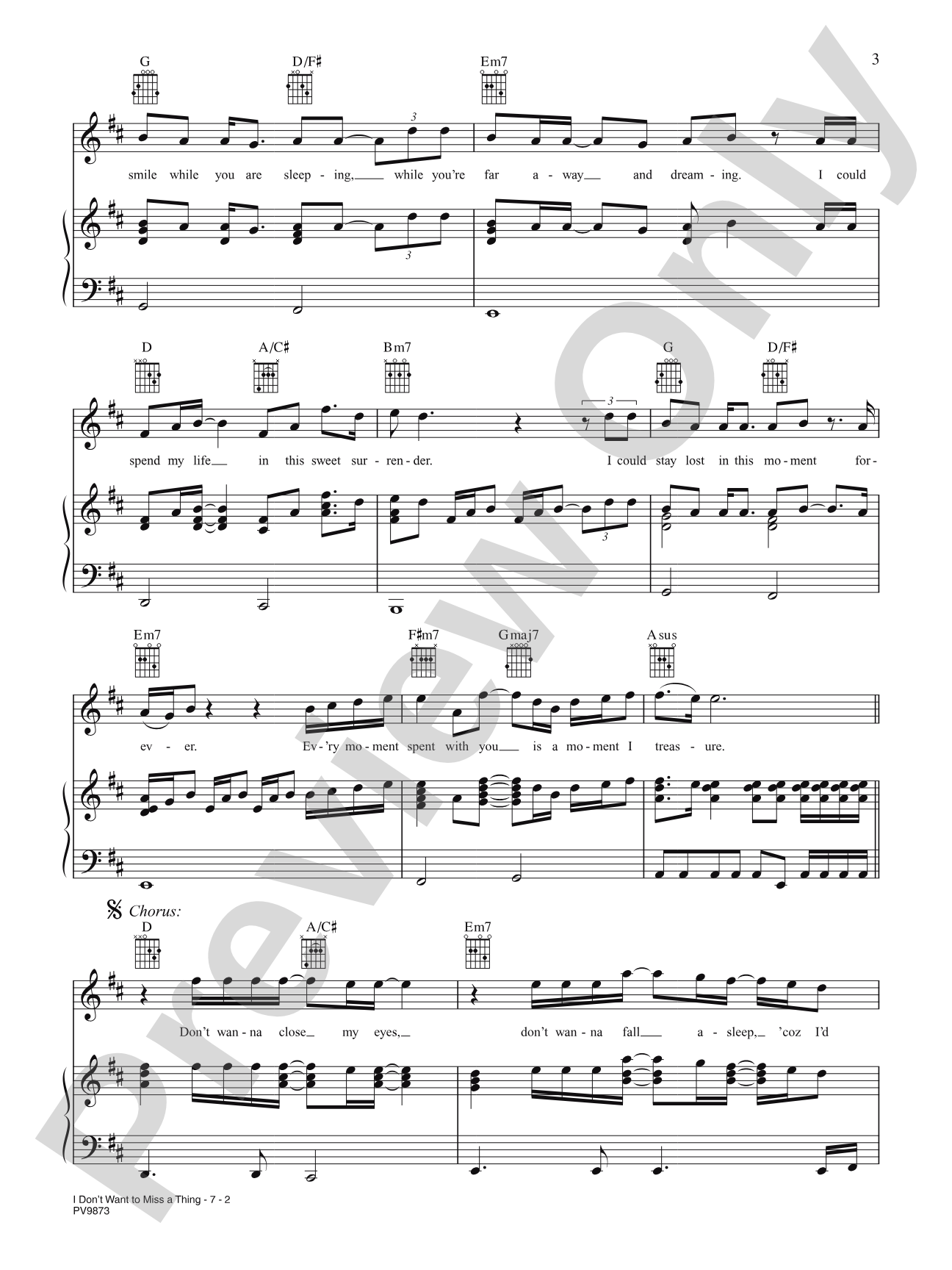 I Don't Want to Miss a Thing (from Armageddon): Piano/Vocal/Chords