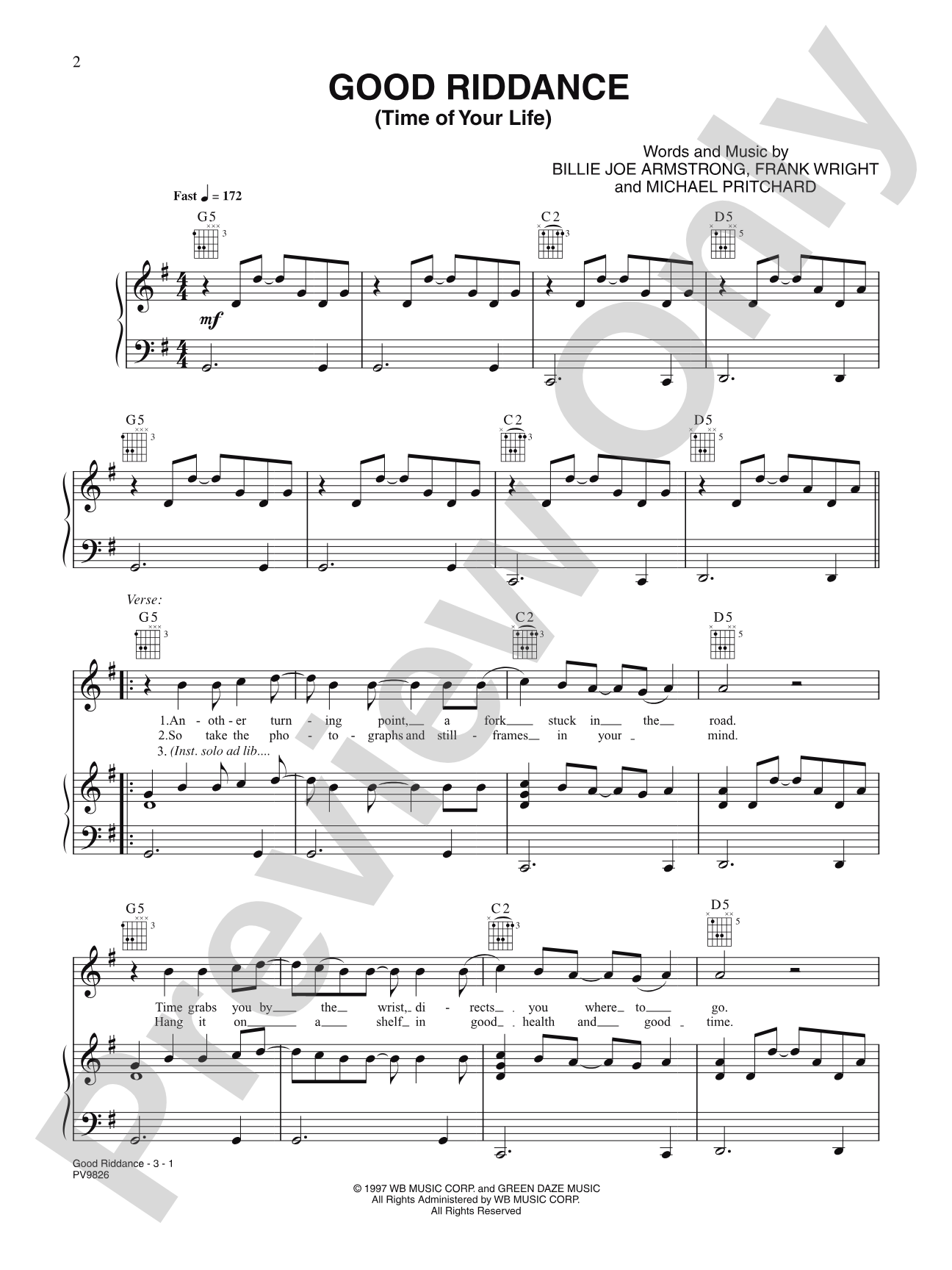 Good Riddance (Time of Your Life): Piano/Vocal/Chords