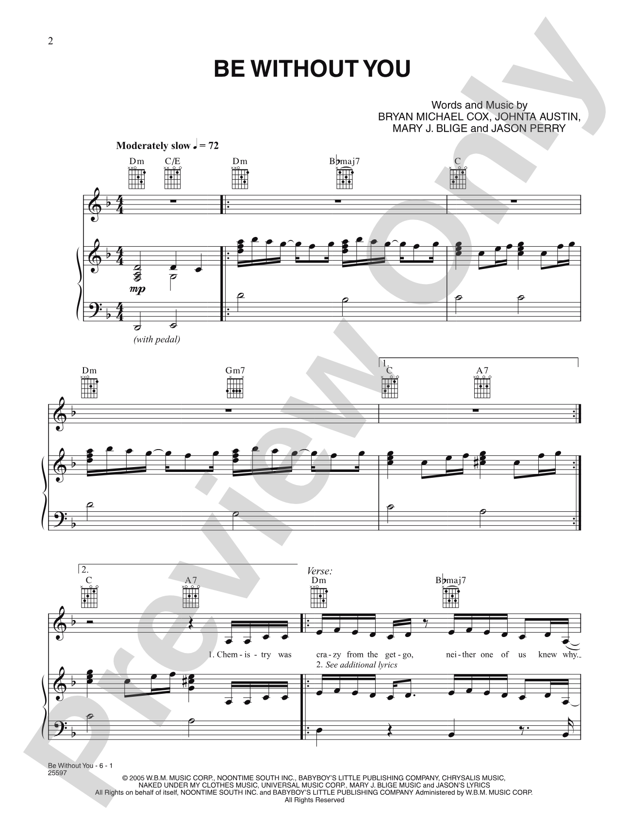 Be Without You: Piano/Vocal/Chords