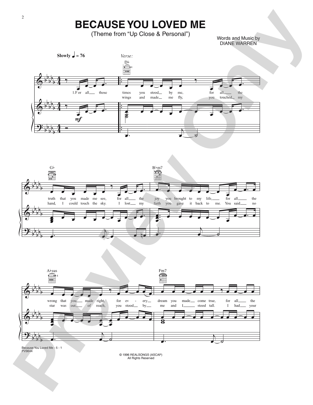 Because You Loved Me (from "Up Close & Personal"): Piano/Vocal/Chords