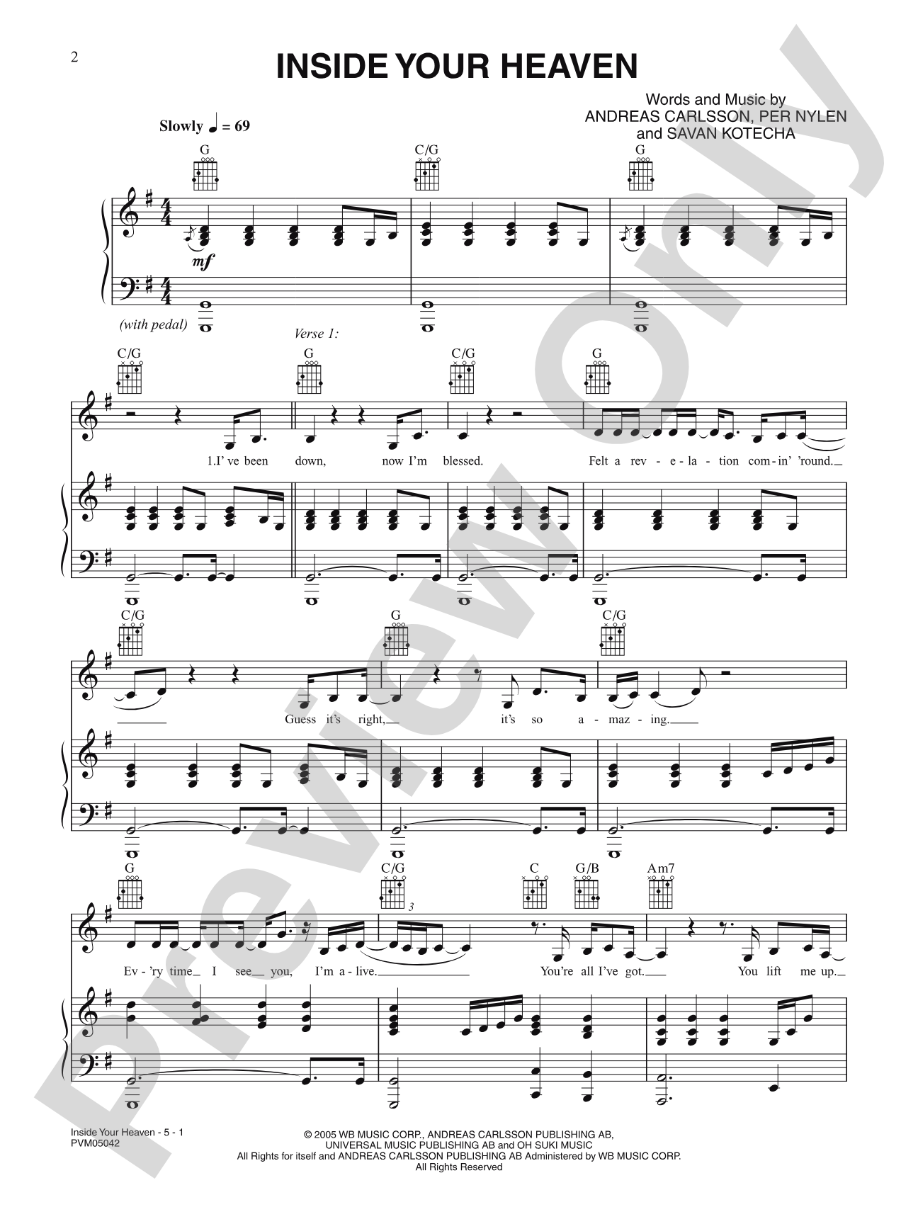 Inside Your Heaven: Piano/Vocal/Chords