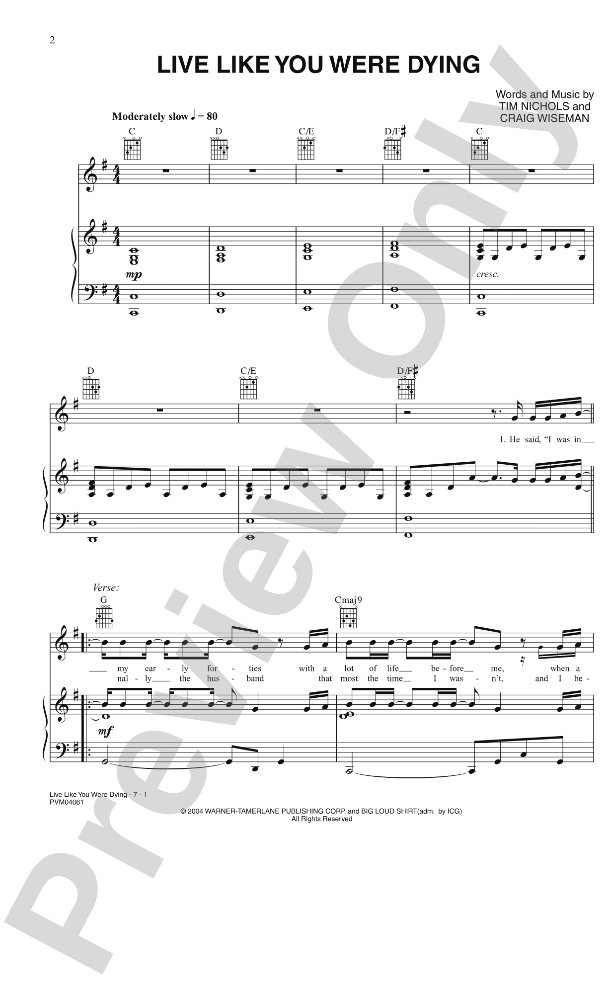 Live Like You Were Dying: Piano/Vocal/Chords