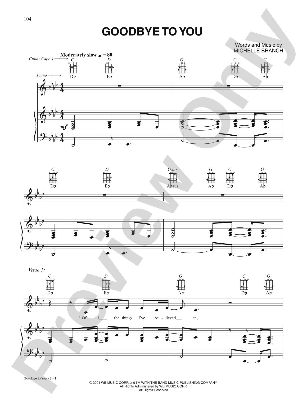 Goodbye to You: Piano/Vocal/Chords