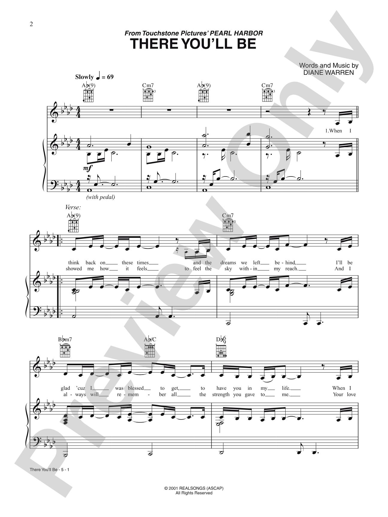 There You'll Be (from Pearl Harbor): Piano/Vocal/Chords