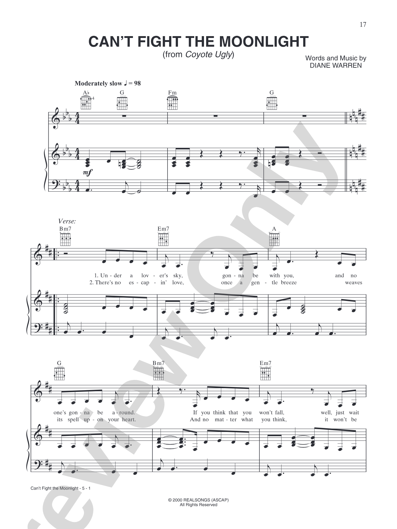 Can't Fight the Moonlight (Theme from "Coyote Ugly"): Piano/Vocal/Chords