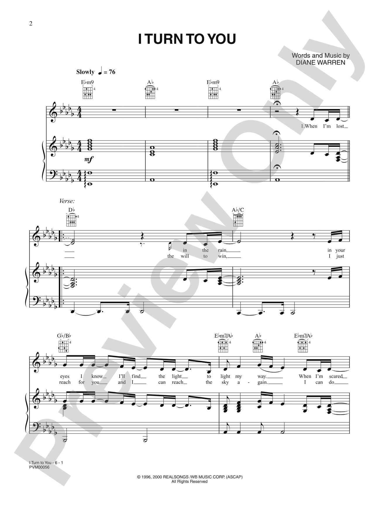 I Turn to You: Piano/Vocal/Chords