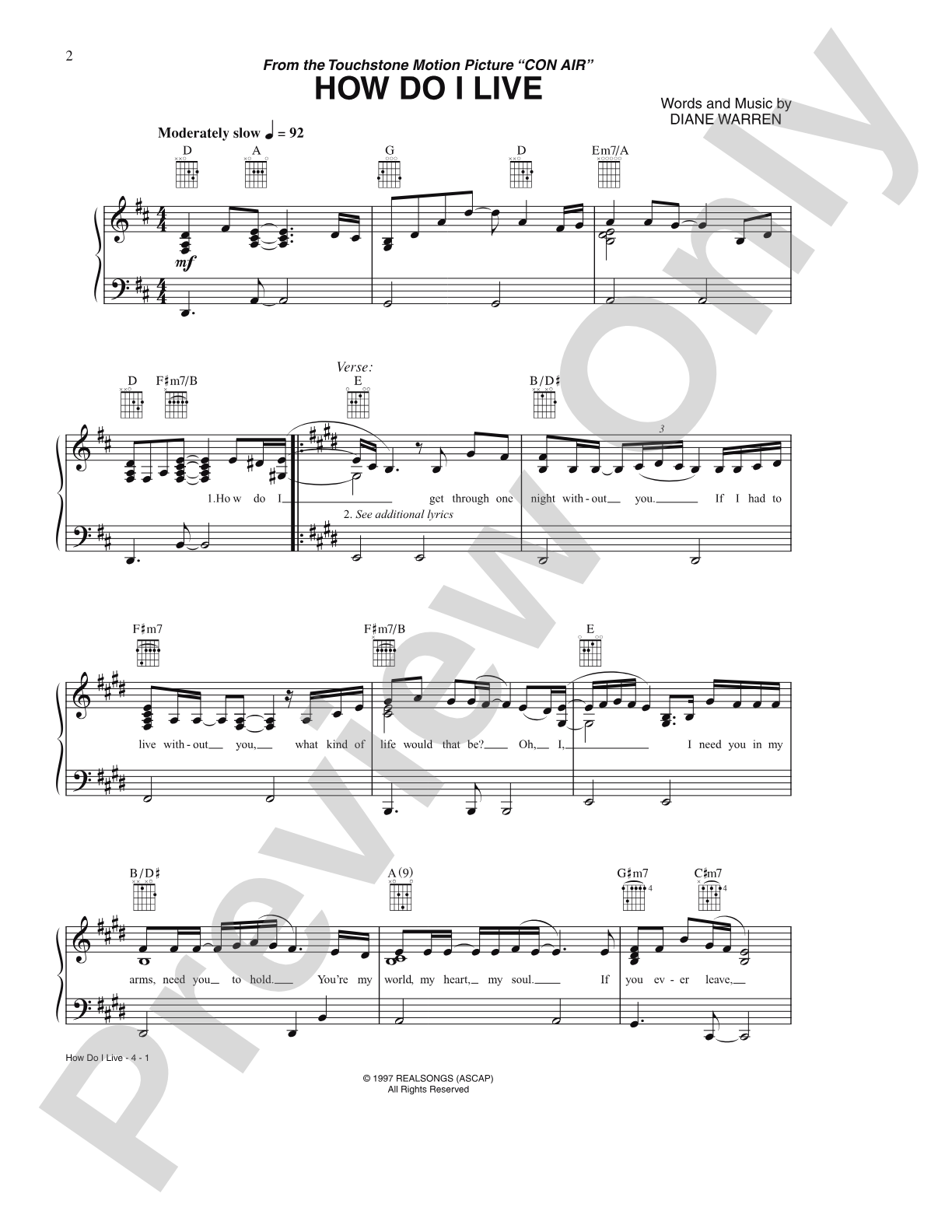 How Do I Live (from Con Air): Piano/Vocal/Chords