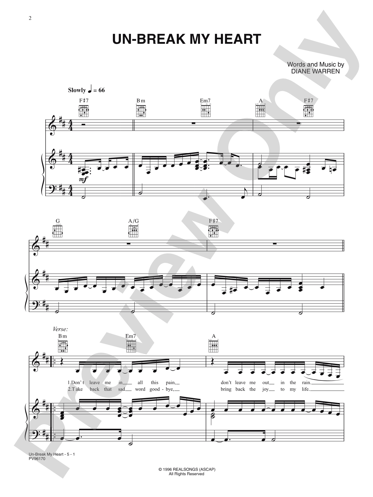 Un-Break My Heart: Piano/Vocal/Chords