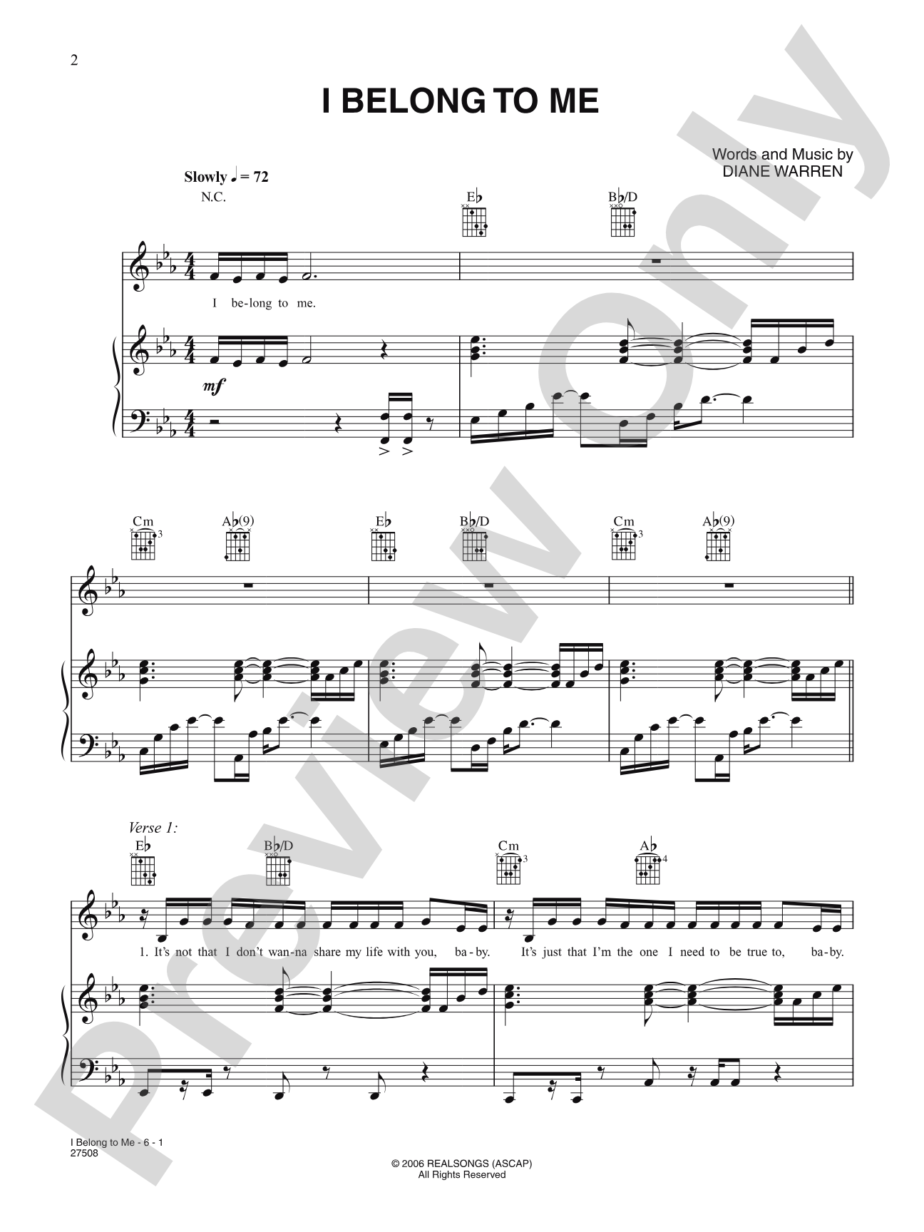 I Belong to Me: Piano/Vocal/Chords