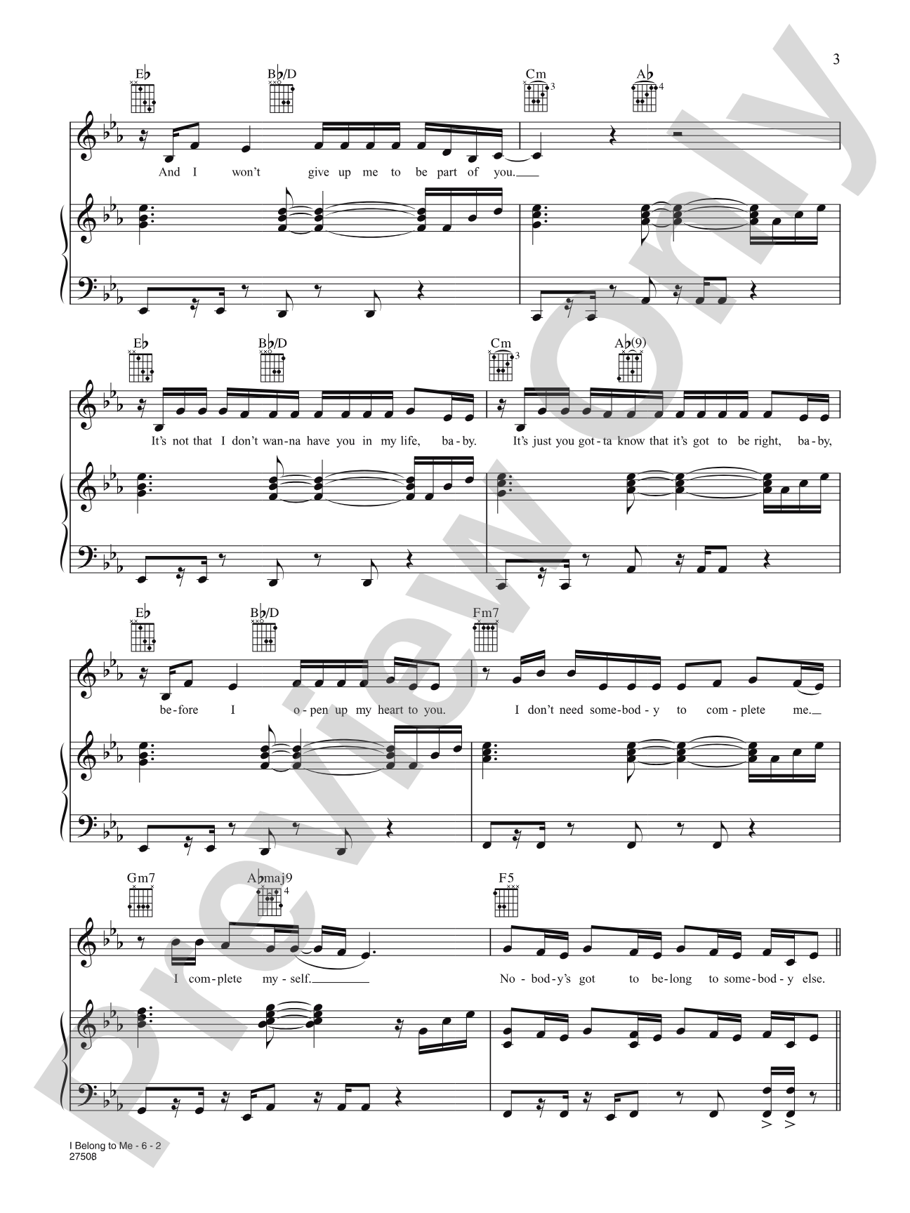 I Belong to Me: Piano/Vocal/Chords