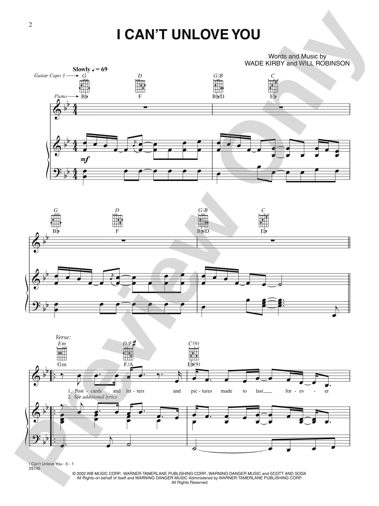 I Can't Unlove You: Piano/Vocal/Chords
