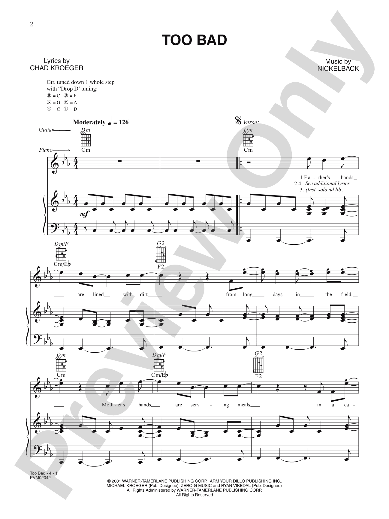Too Bad: Piano/Vocal/Chords