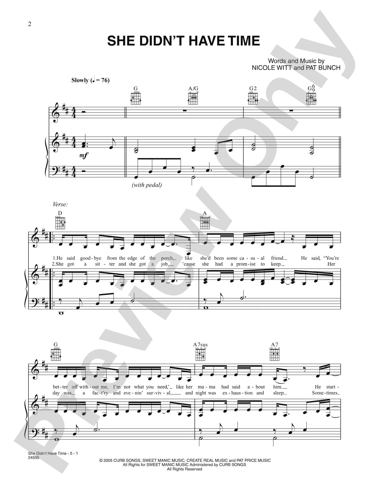 She Didn't Have Time: Piano/Vocal/Chords