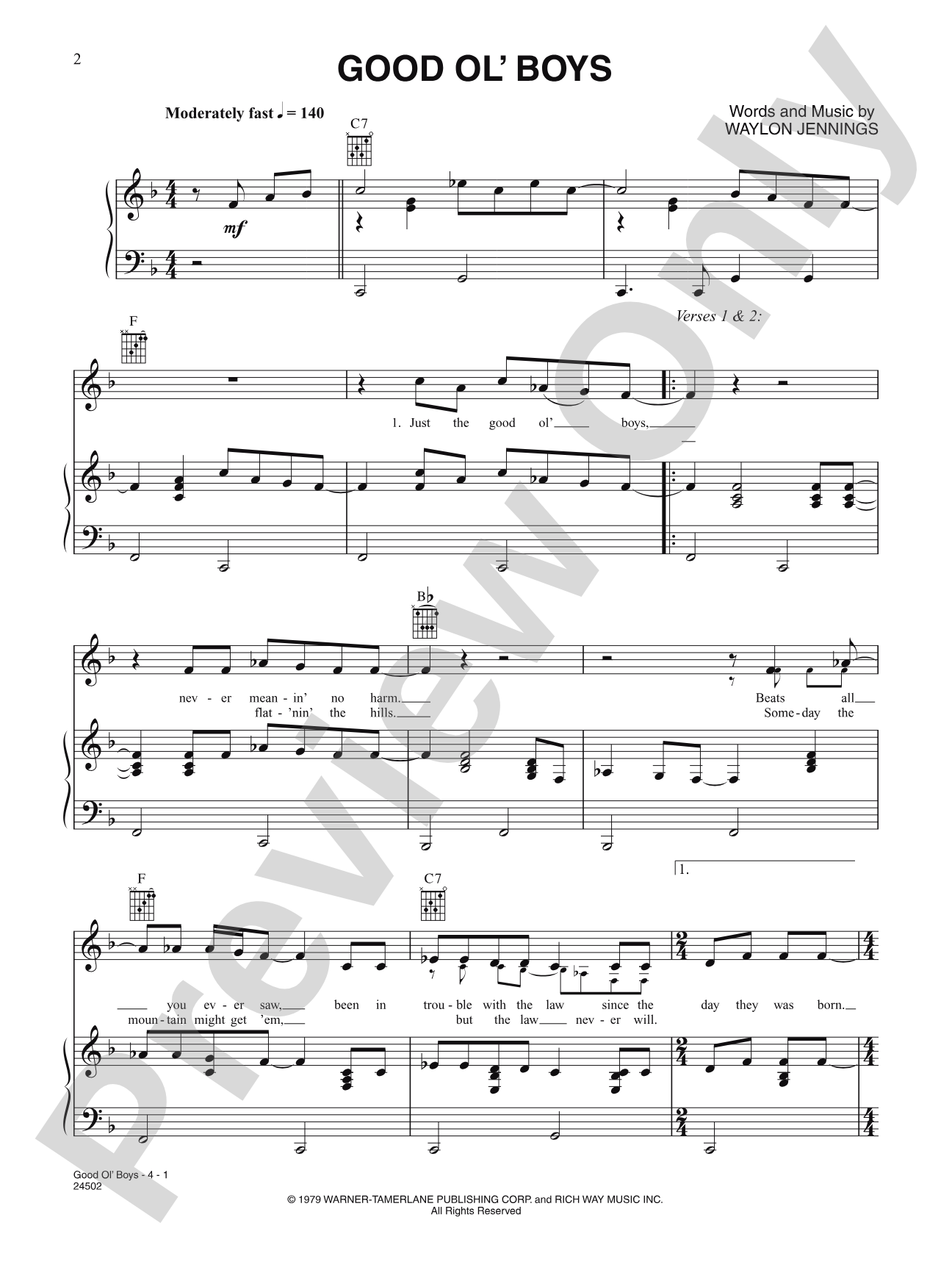 Good Ol' Boys (from The Dukes of Hazzard): Piano/Vocal/Chords