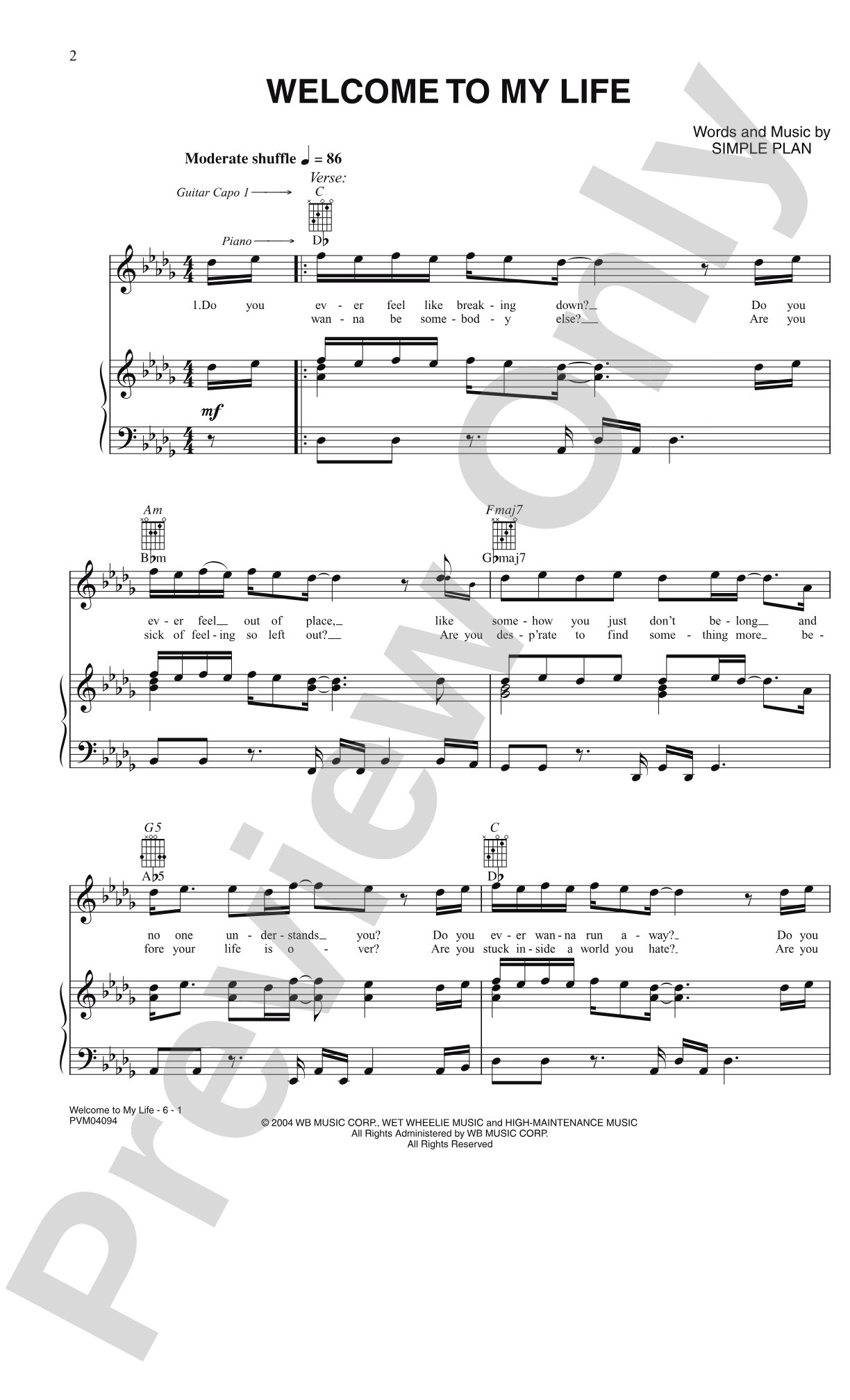 Welcome to My Life: Piano/Vocal/Chords
