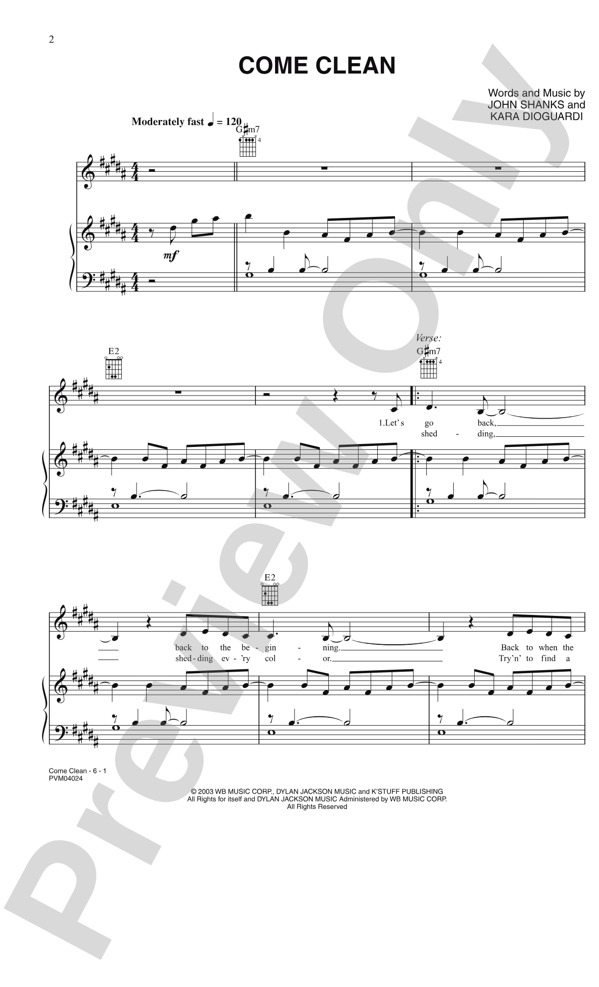 Come Clean: Piano/Vocal/Chords