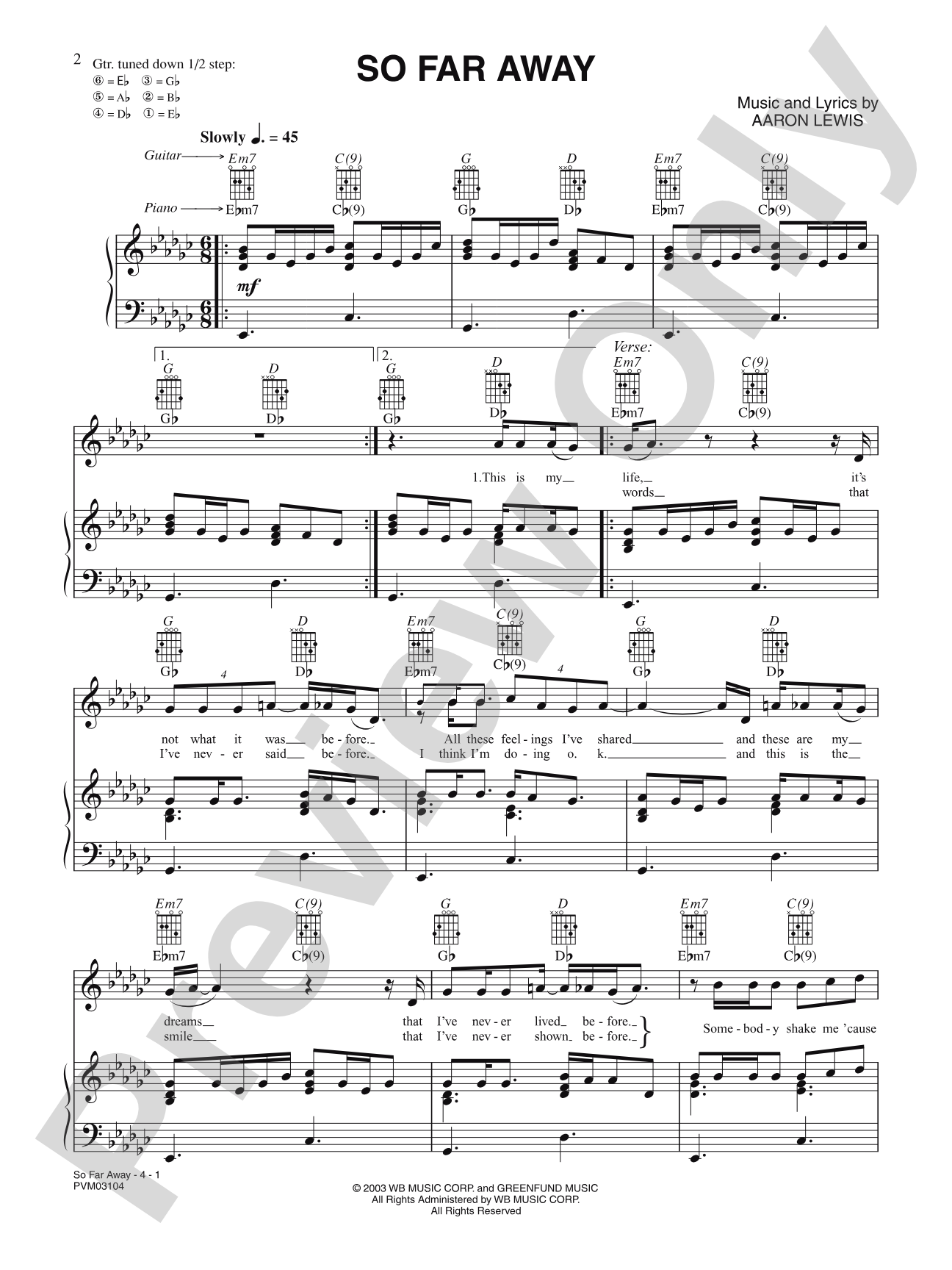 So Far Away: Piano/Vocal/Chords