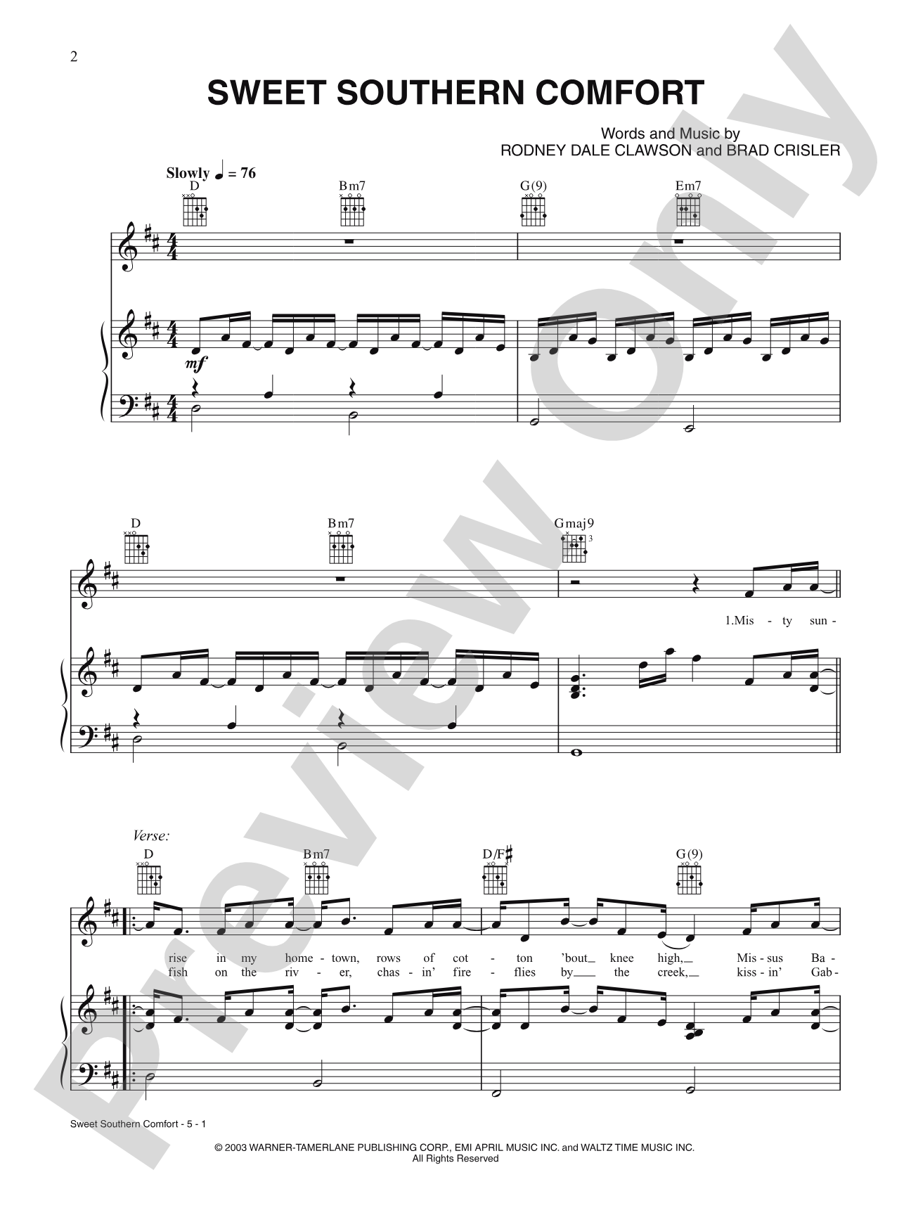 Sweet Southern Comfort: Piano/Vocal/Chords