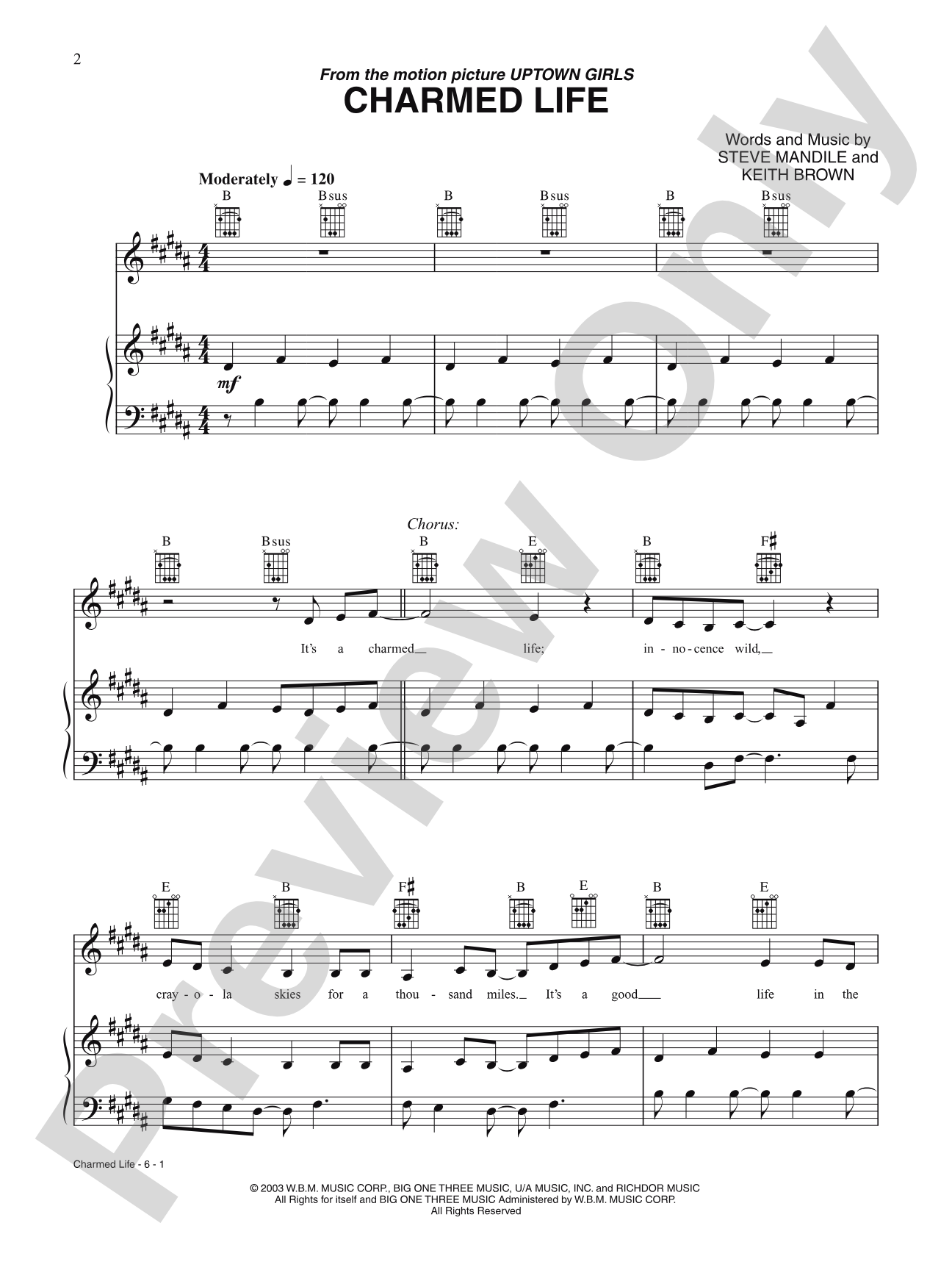 Charmed Life (from Uptown Girls): Piano/Vocal/Chords