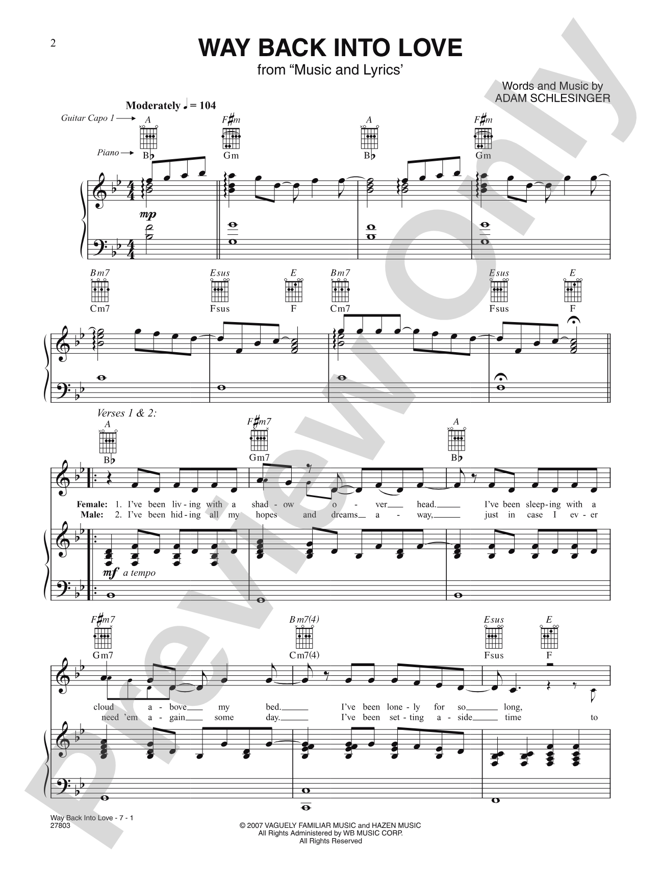 Way Back Into Love (from Music and Lyrics): Piano/Vocal/Chords