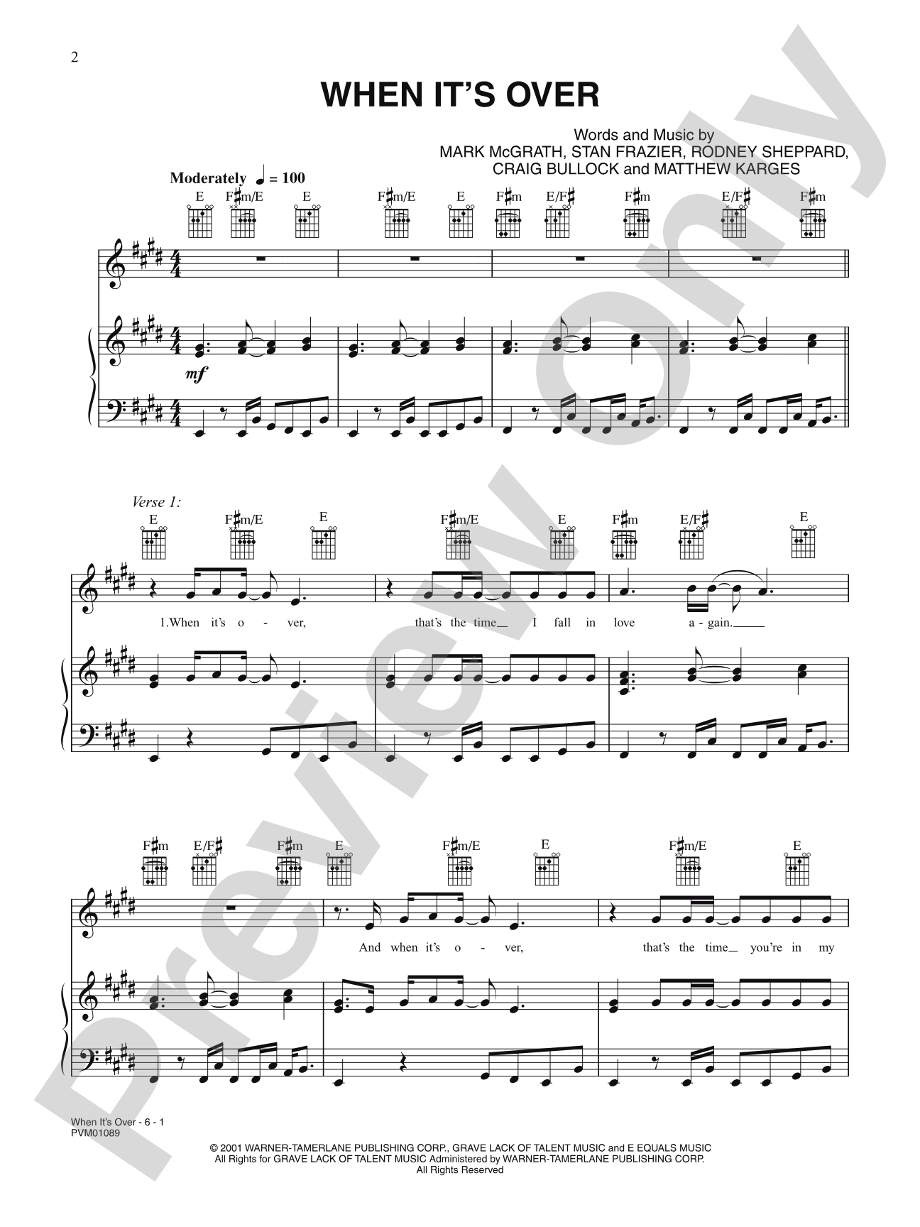 When It's Over: Piano/Vocal/Chords