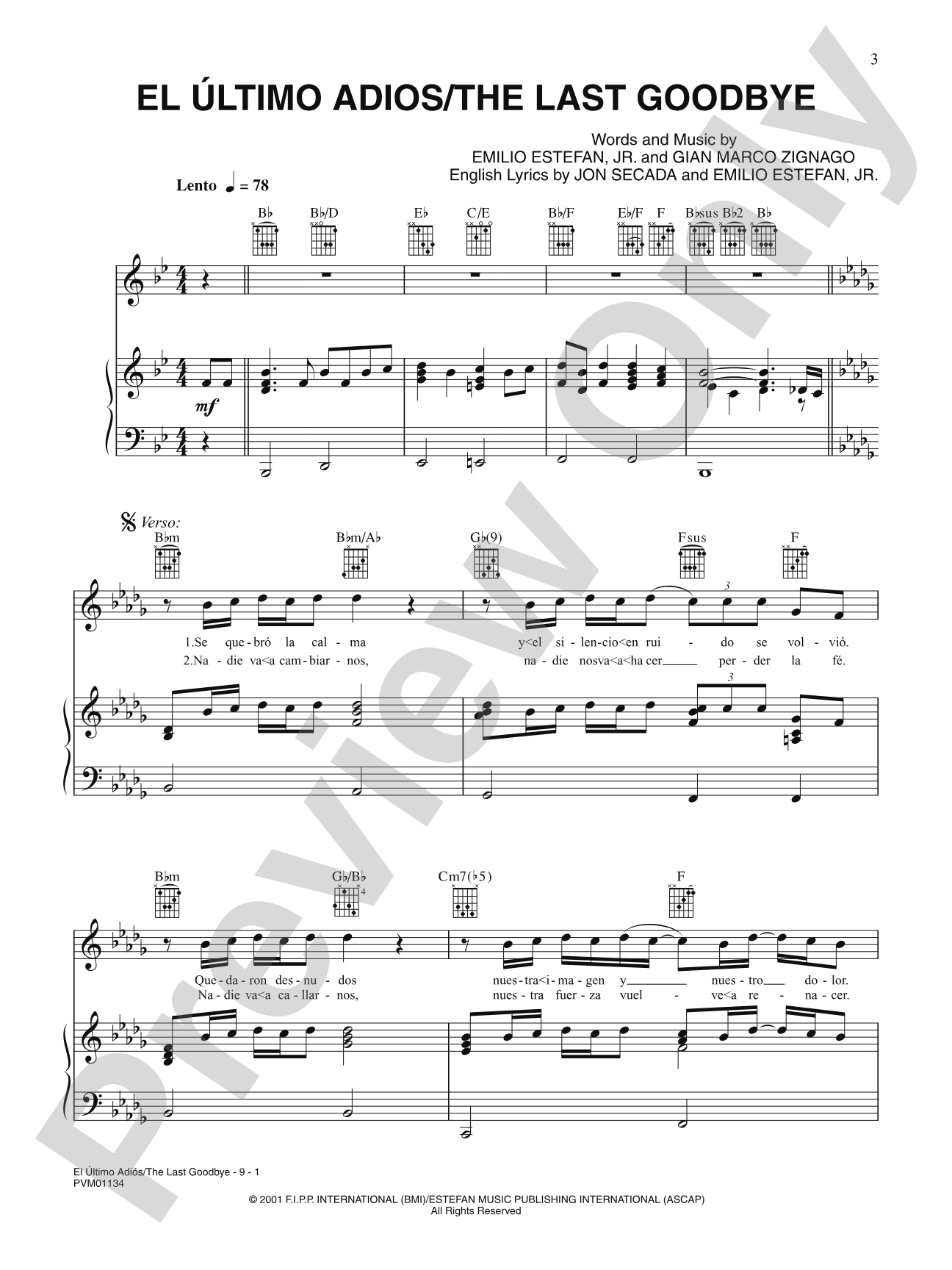 El Ultimo Adios (The Last Goodbye): Piano/Vocal/Chords
