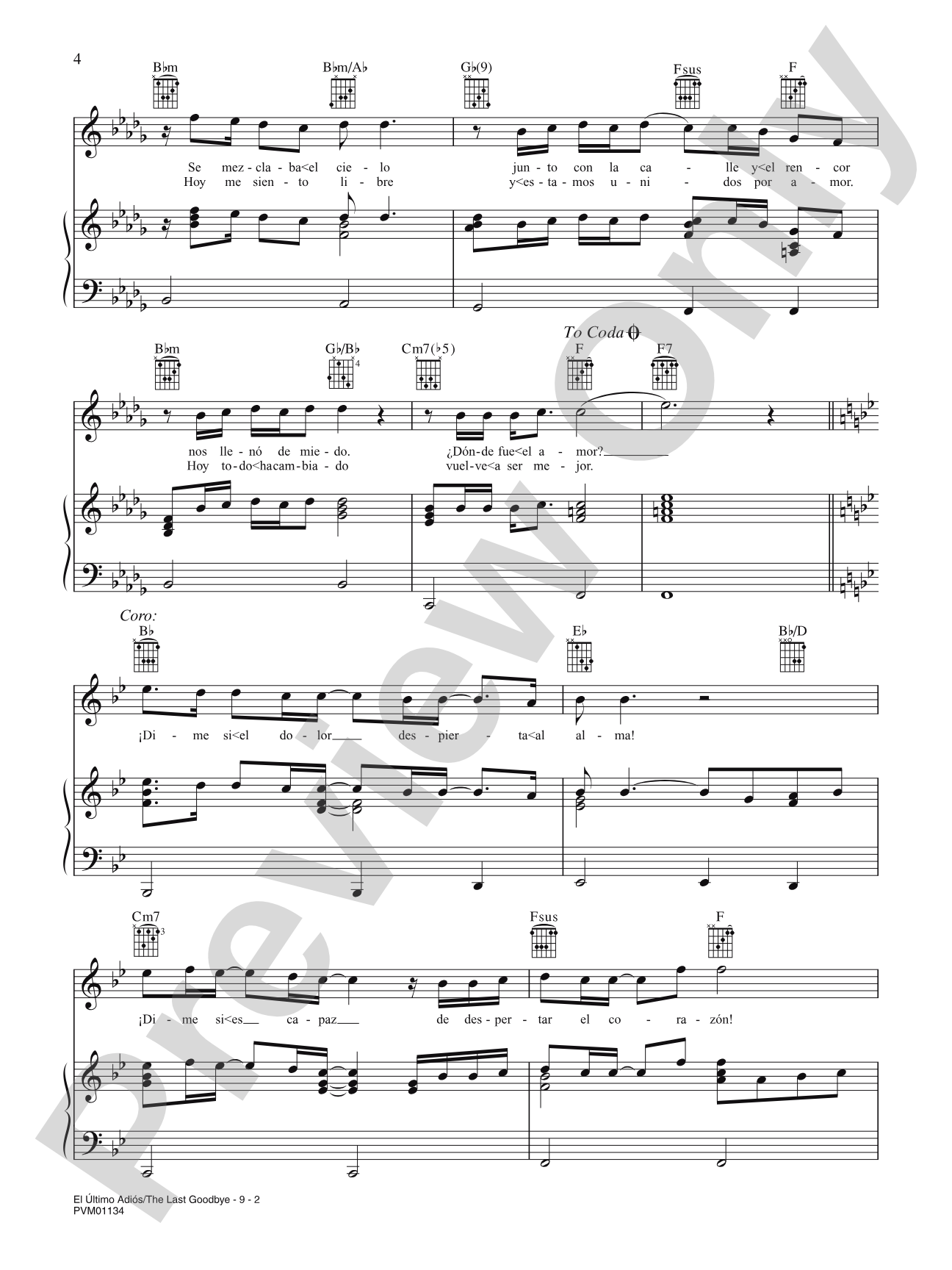 El Ultimo Adios (The Last Goodbye): Piano/Vocal/Chords