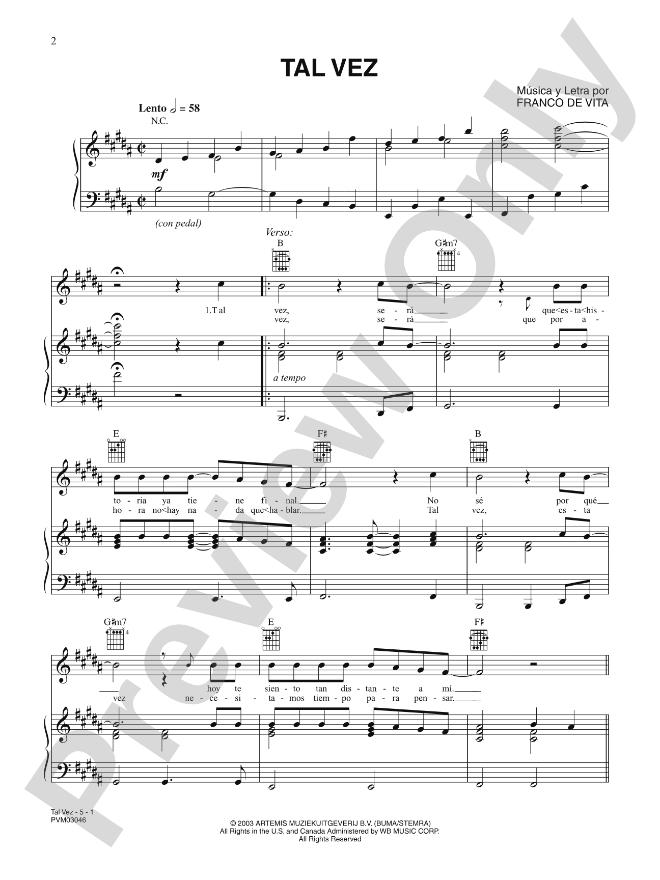 Tal Vez: Piano/Vocal/Chords