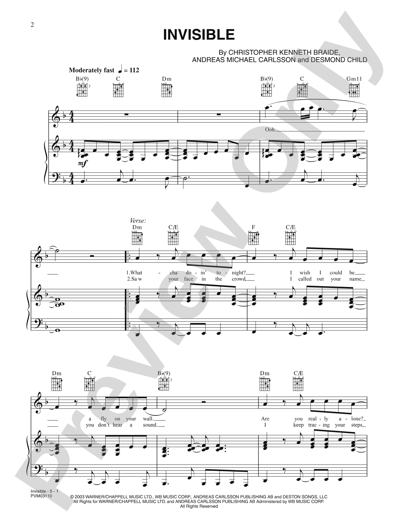 Invisible: Piano/Vocal/Chords