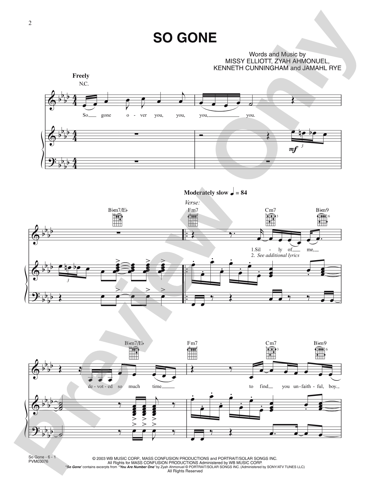 So Gone: Piano/Vocal/Chords