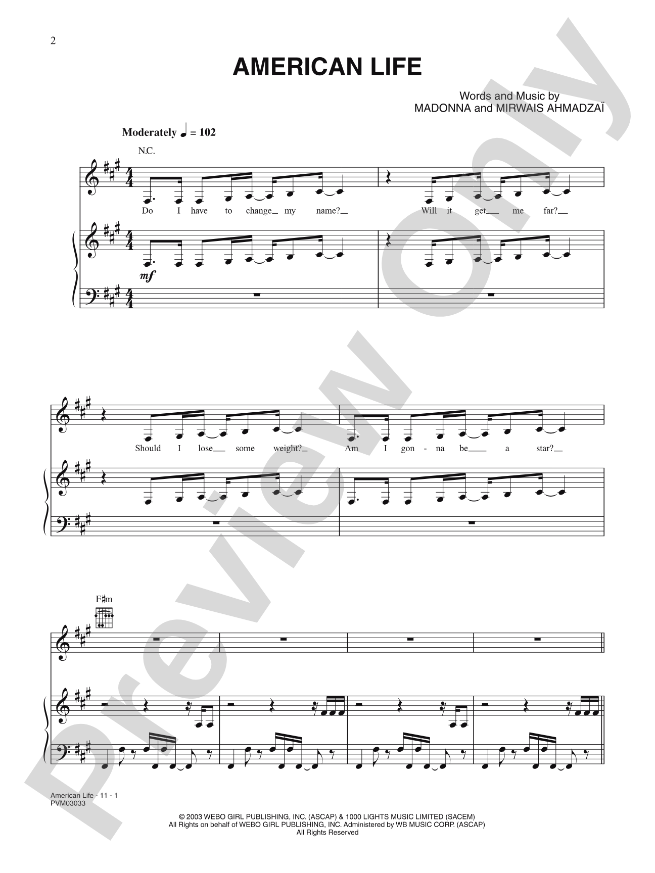 American Life: Piano/Vocal/Chords