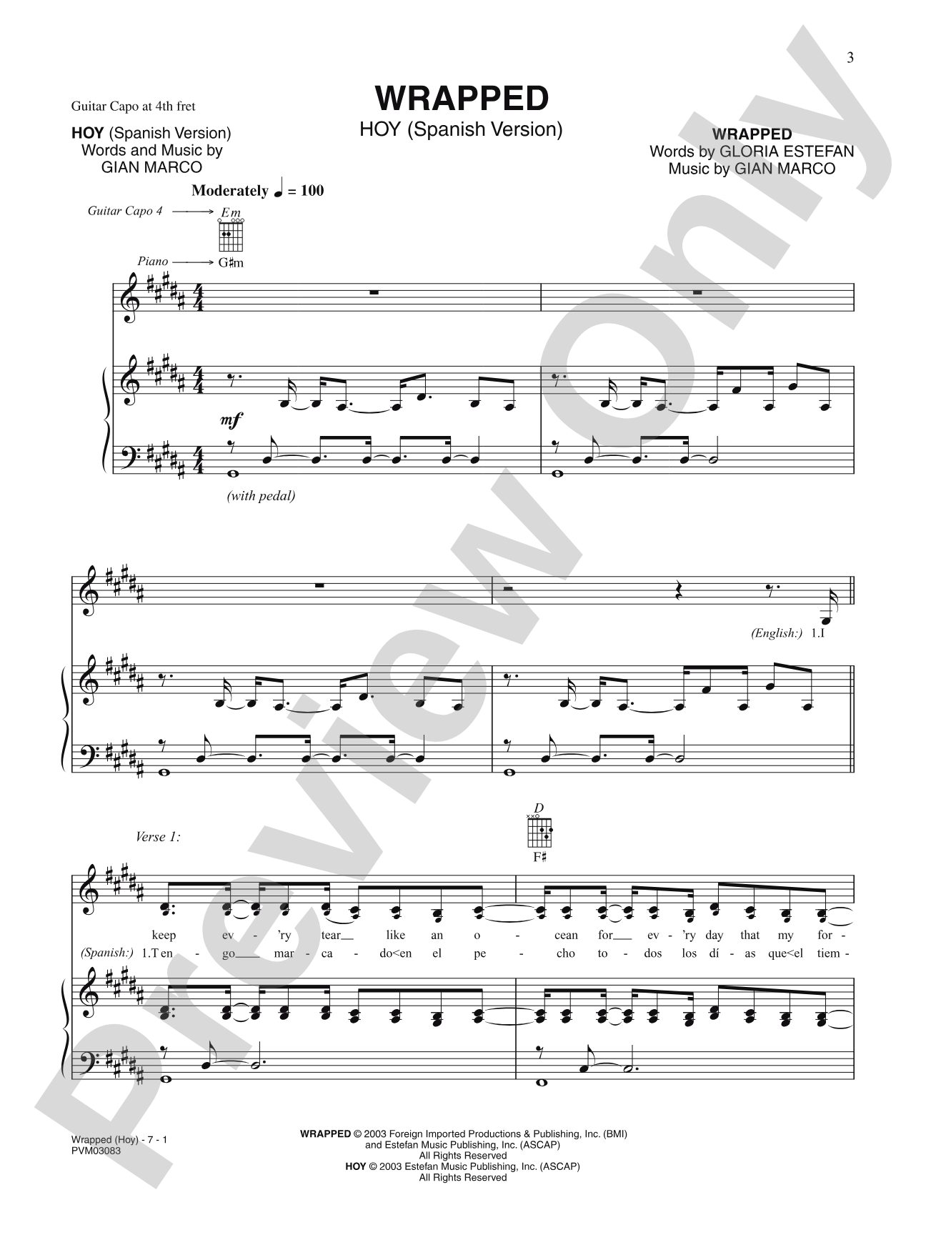 Wrapped / Hoy (Spanish Version): Piano/Vocal/Chords